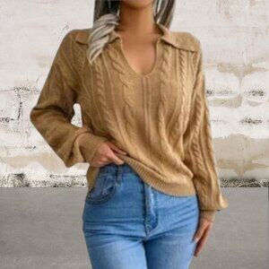SHEIN Women's Tan V-Neck Cable Knit Sweater Size Large